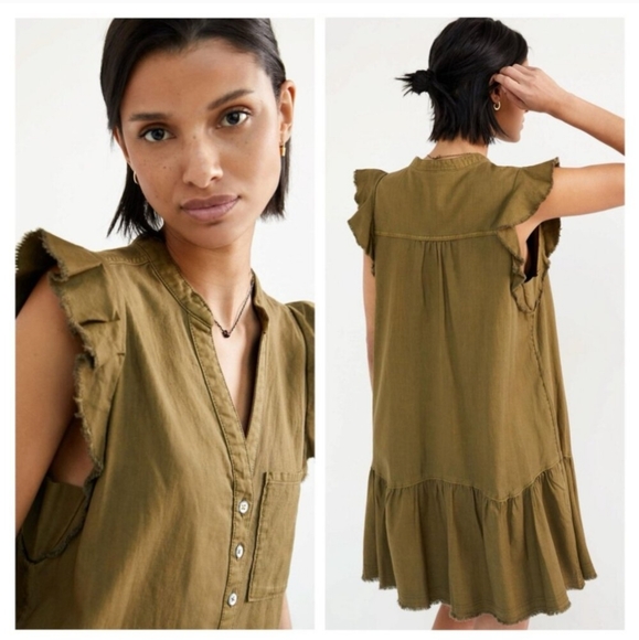 Anthropologie Pilcro Button Down Ruffle Dress in Green - Picture 3 of 15